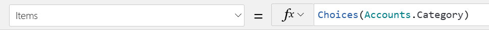 Screenshot of the following expression as a formula for the Items property: Choices(Accounts.Category).