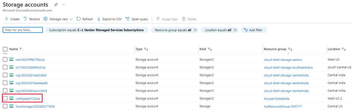 Screenshot that shows a user's storage accounts.