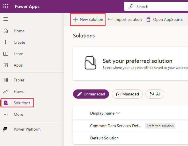 Screenshot of solutions in the Maker portal.