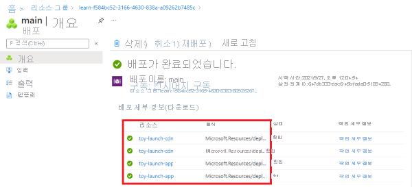 주 배포에 대한 배포 세부 정보를 보여 주는 Azure Portal의 스크린샷.
