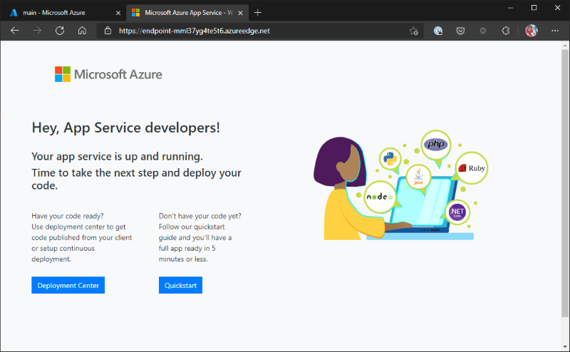 CDN 엔드포인트를 보여 주는 주소 표시줄이 있는 웹앱 시작 페이지의 스크린샷