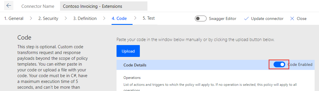 Screenshot showing the enable code toggle button.