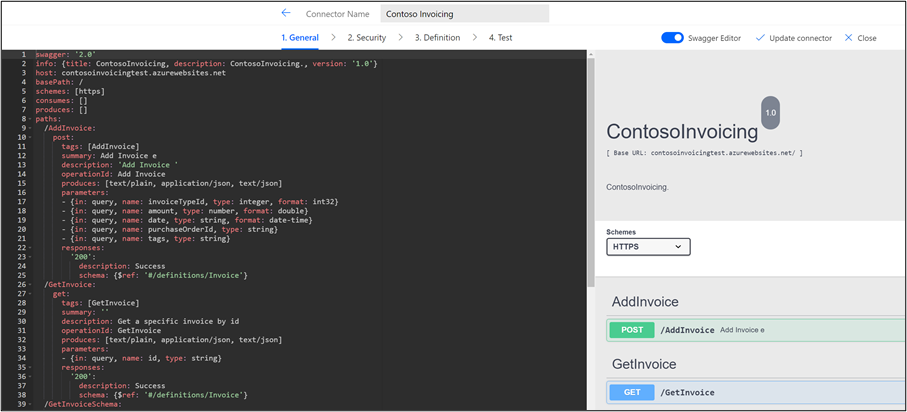 Screenshot of the Swagger editor in use with YAML on the left and an operation list on the right.