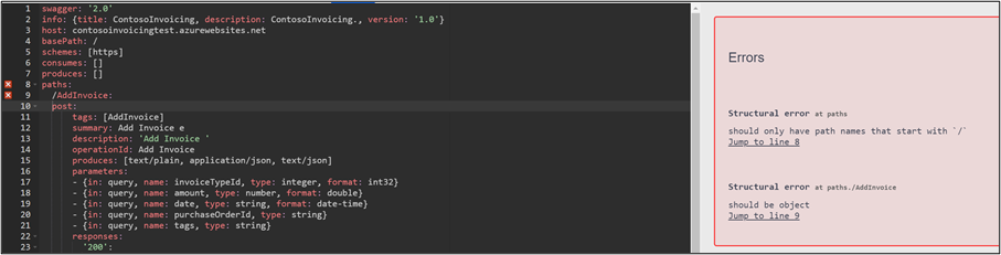 Screenshot showing a validation error in the editor.