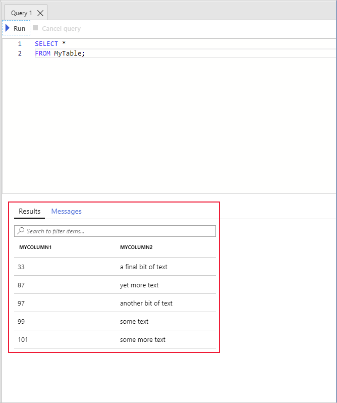 The query editor in the Azure portal shows the results of a query.