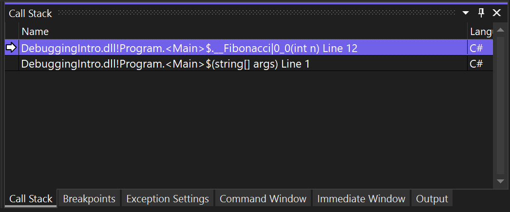호출 스택 창의 스크린샷.