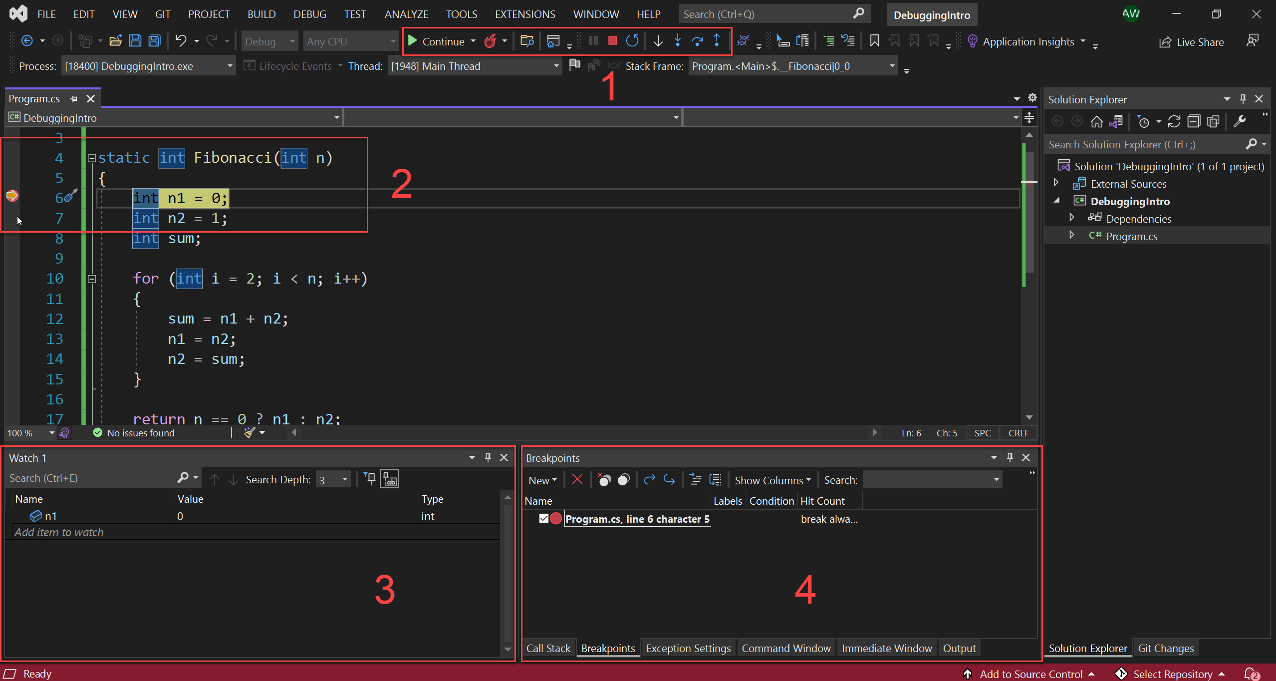 Visual Studio 디버거 개요의 스크린샷.