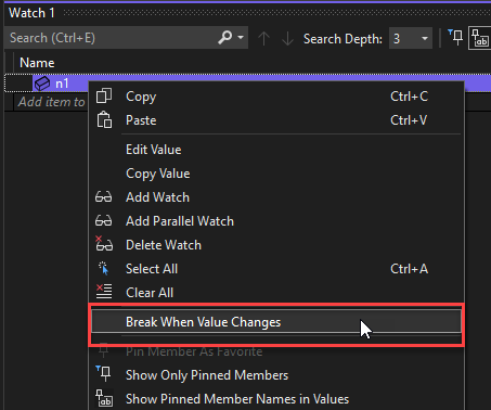 Visual Studio 중단 설정의 스크린샷.