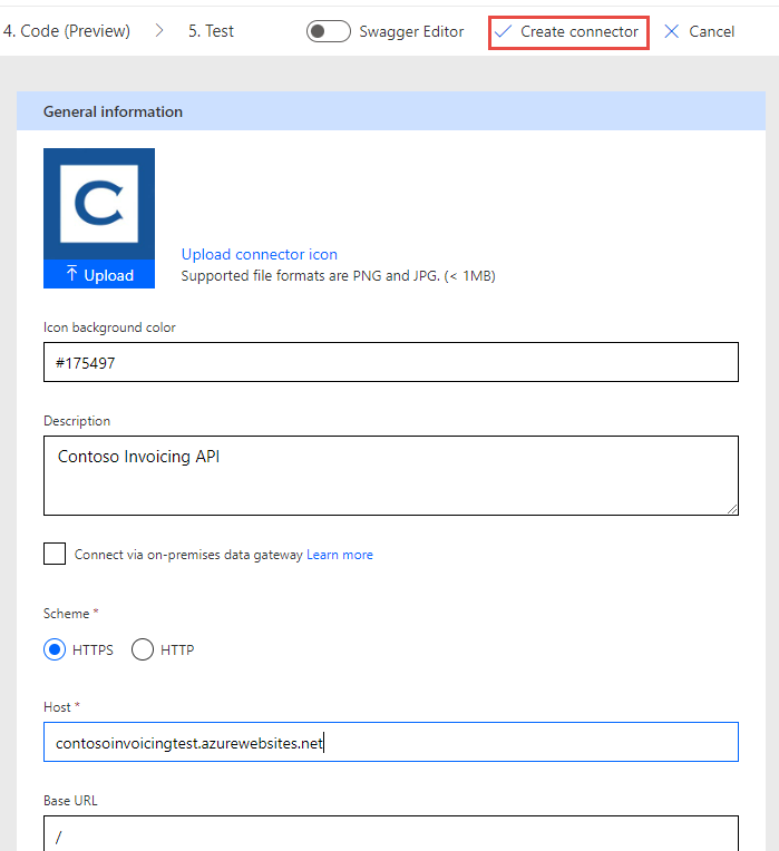 An arrow pointing to the create connector button - screenshot.