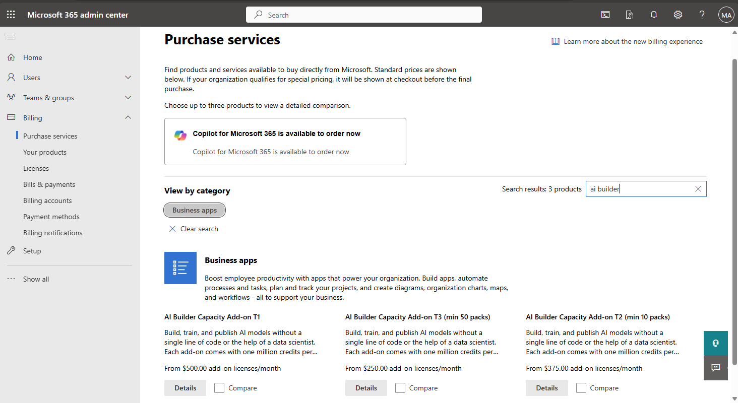 Screenshot of Microsoft 365 admin center open to the Billing tab Purchase services page. The AI Builder Capacity add-ons appear below Business apps.