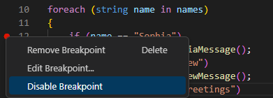 Visual Studio Code 편집기에서 중단점을 사용하지 않도록 설정하는 옵션을 보여 주는 스크린샷
