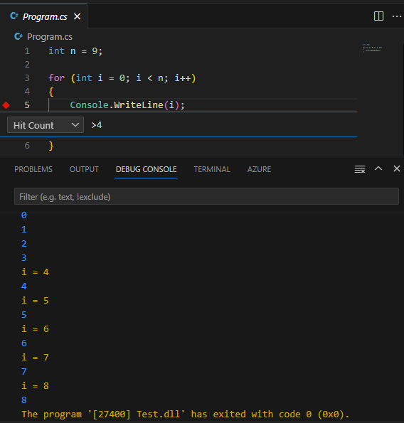 적중 횟수와 결합된 로그 메시지 중단점의 출력을 보여 주는 스크린샷