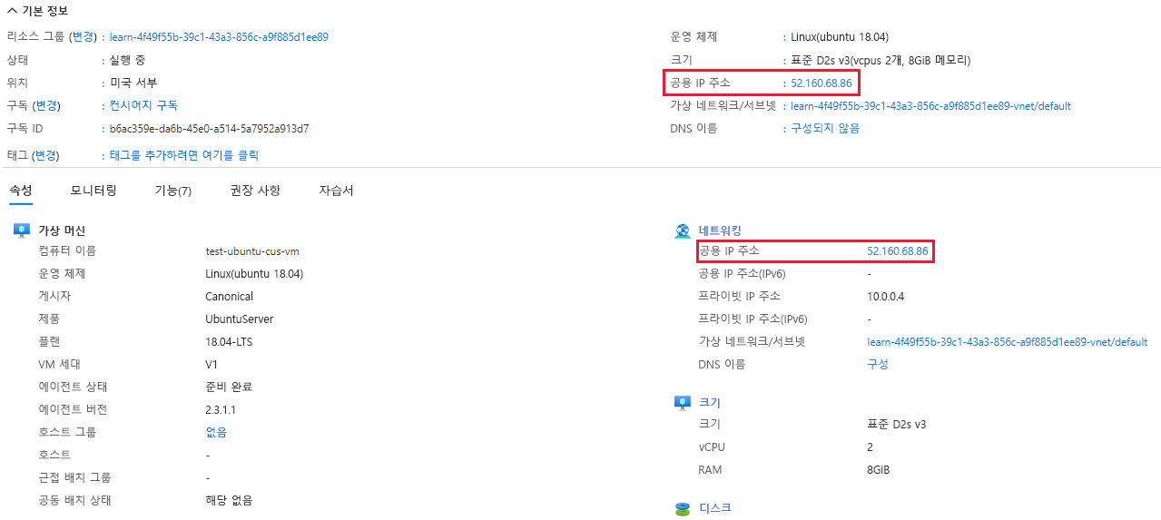 Screenshot showing VM essentials and properties with the public IP address highlighted.