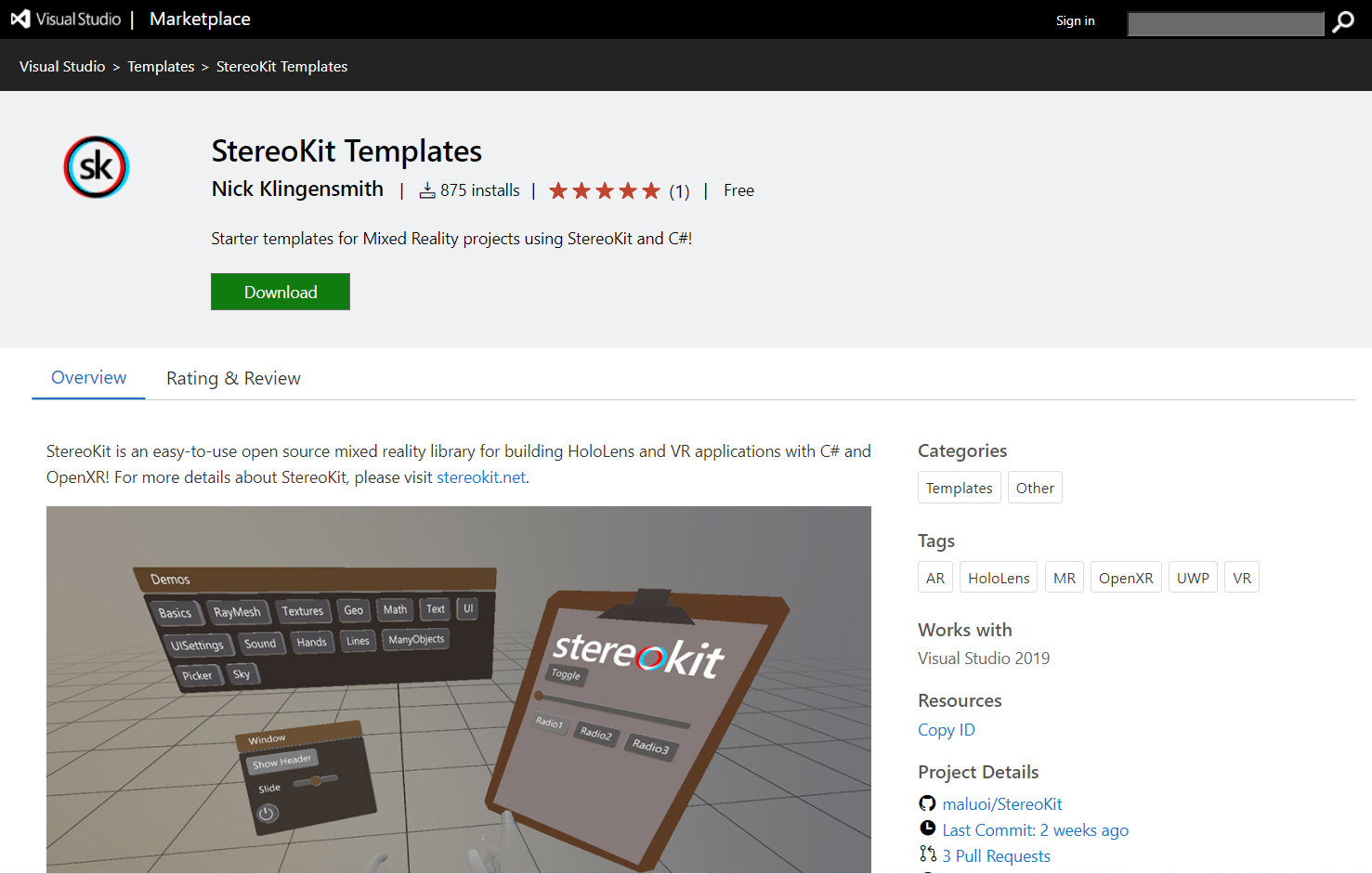 StereoKit Templates - Visual Studio Marketplace의 스크린샷