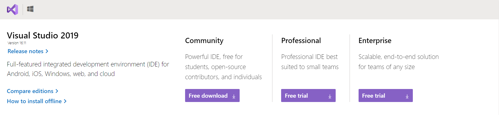 The screenshot shows how to begin your download, by clicking the Free download button from Visual Studio Community.