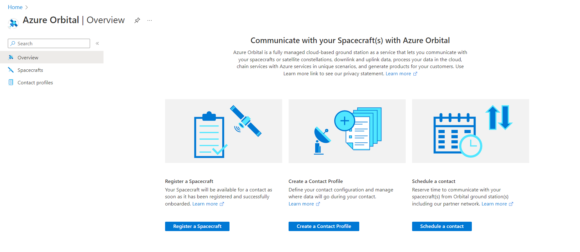 Screenshot of the main Azure Orbital window, showing icons for Register a Spacecraft, Create a Contact Profile, and Schedule a Contact.