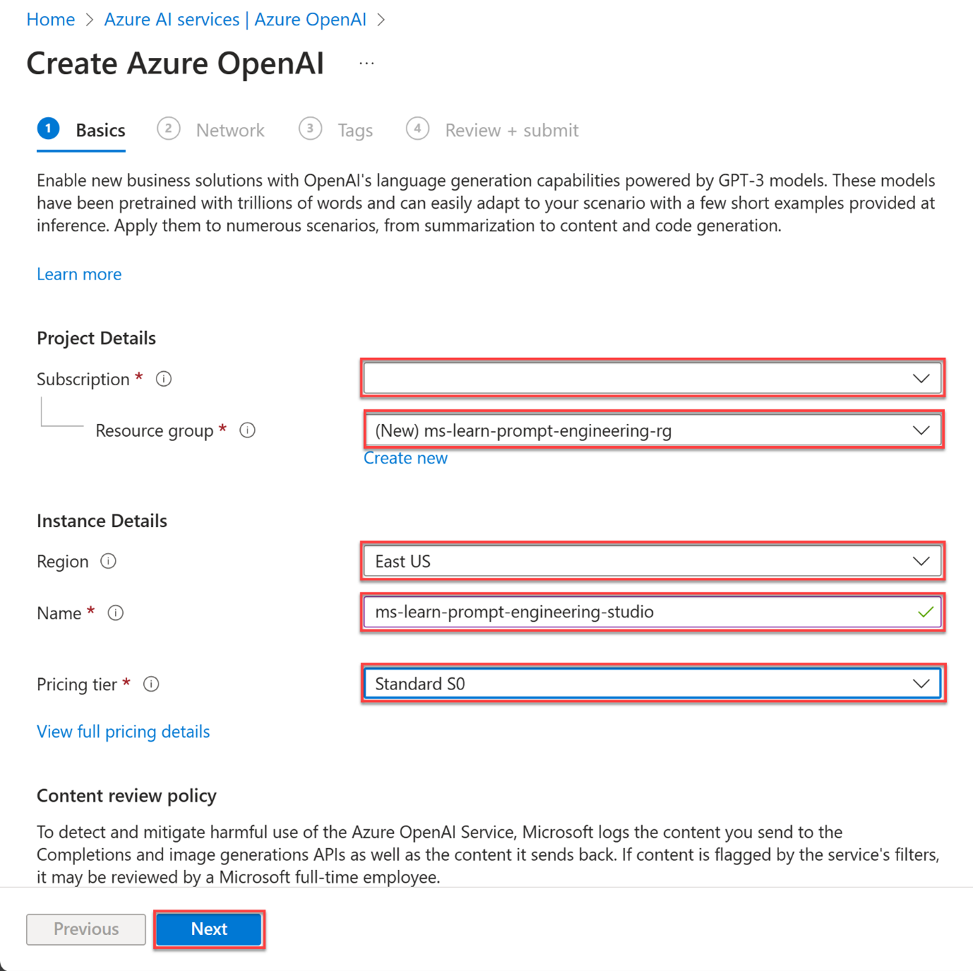 Azure OpenAI의 구성 기본 세부 정보가 빨간색으로 강조 표시된 Azure Portal의 스크린샷