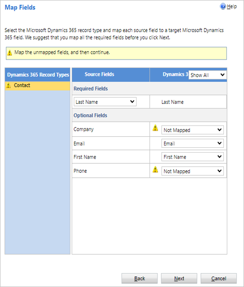 Screenshot of mapping fields in the Data import wizard.