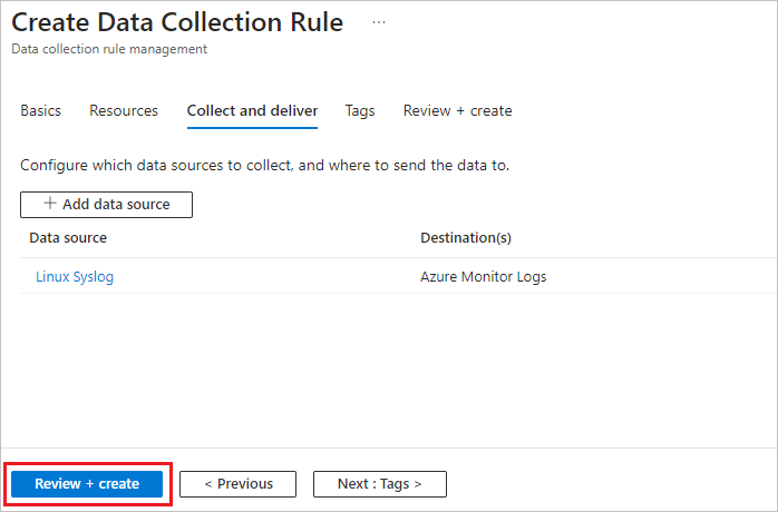 데이터 수집 규칙 만들기 화면에 강조 표시된 검토 + 만들기의 스크린샷.