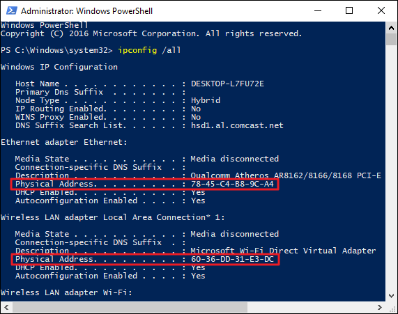 ipconfig /all 명령을 실행할 때 반환되는 네트워크 디바이스의 주소 정보를 보여 주는 스크린샷.