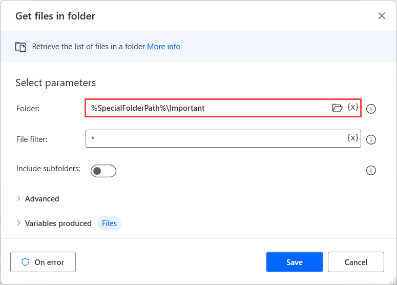 Screenshot of the Get Files in Folder action dialog.