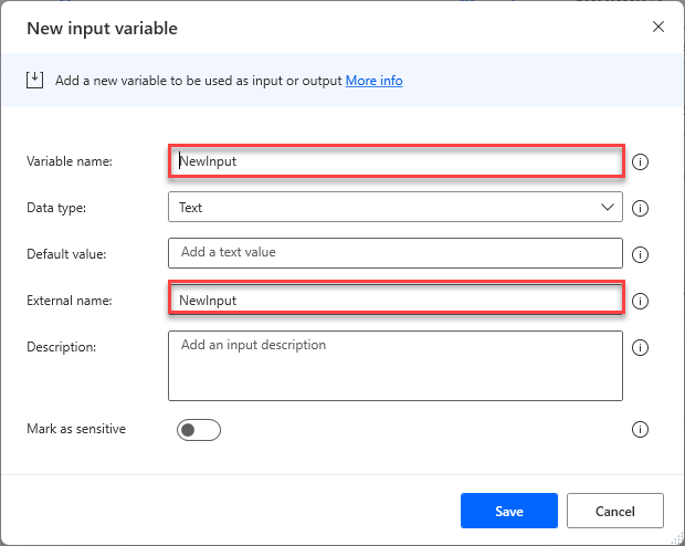 Screenshot of the Variable name and External name fields in the Add a new input variable dialog.