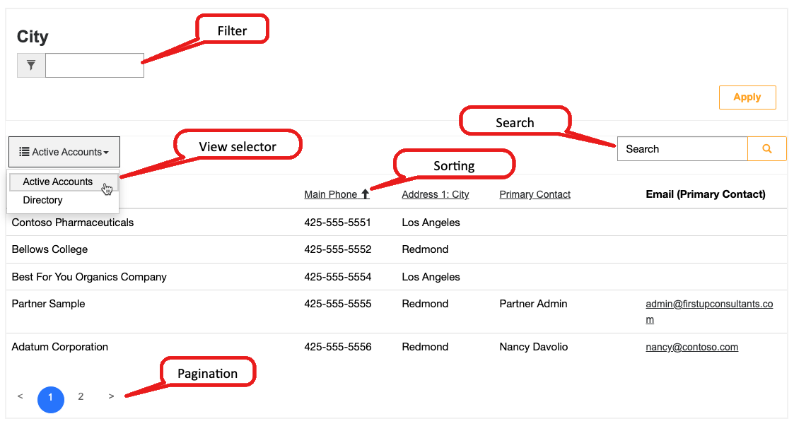Screenshot of the sample account list, demonstrating the list features: filtering, view selection, sorting, pagination, and search.