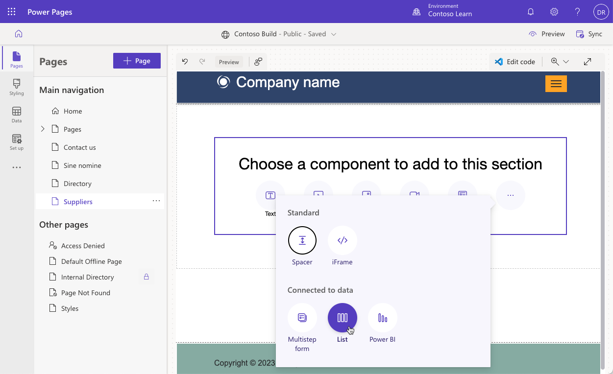 Screenshot of inserting the List component.