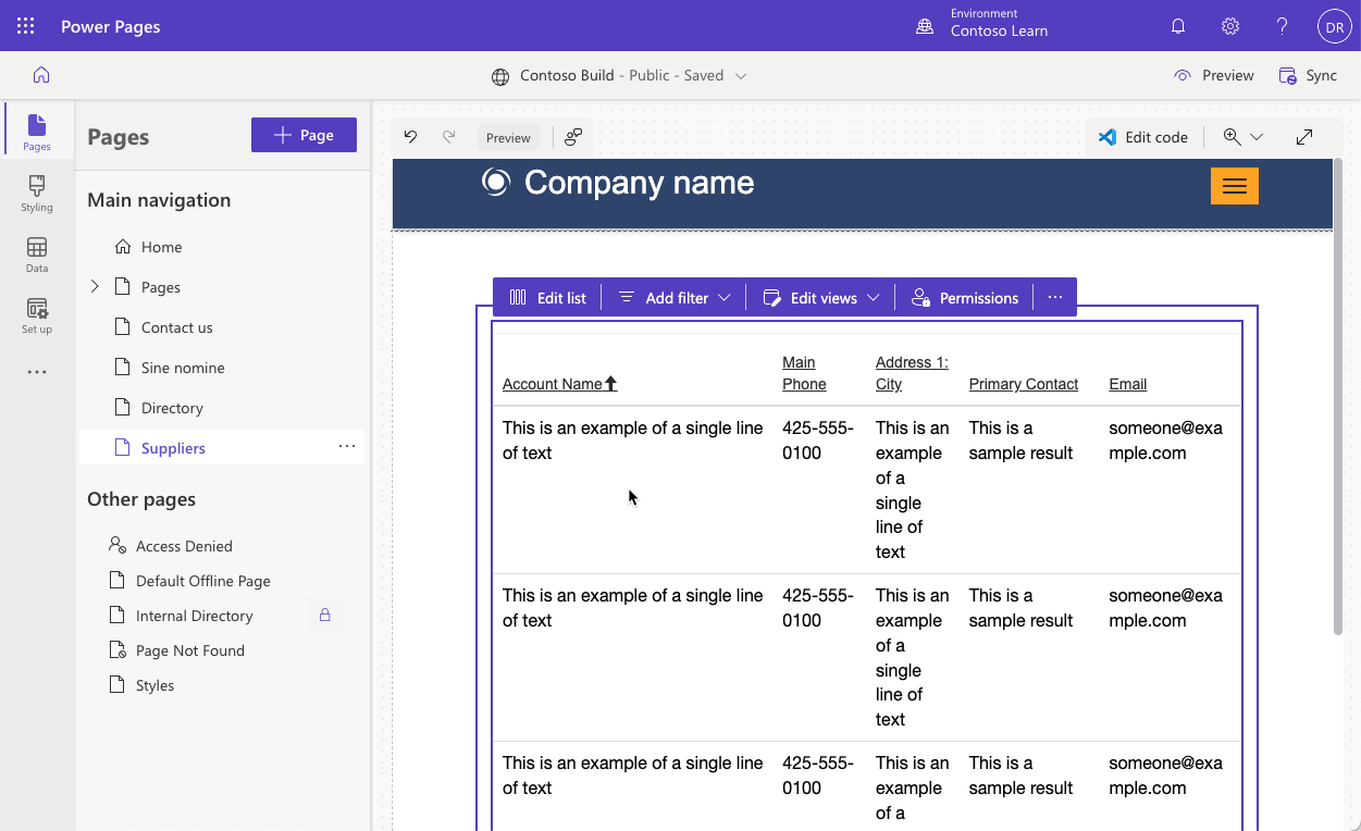 Screenshot of a WYSIWYG list layout on the page canvas in Power Pages design studio.