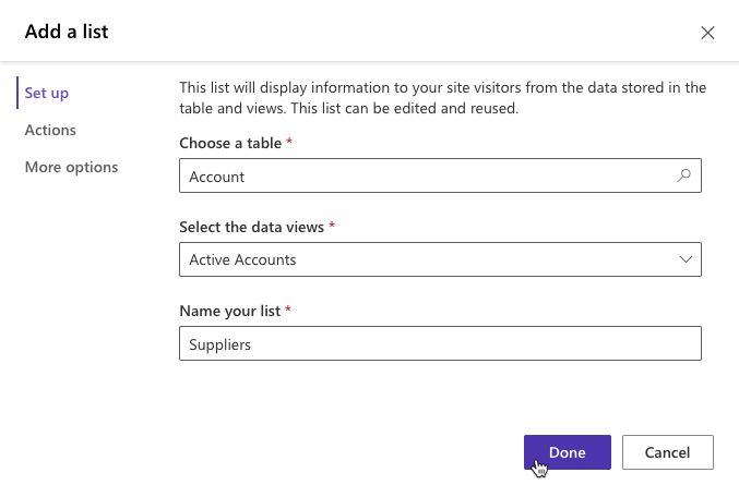 Screenshot of the list properties form.