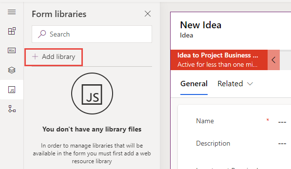 Screenshot of the add library to form button.