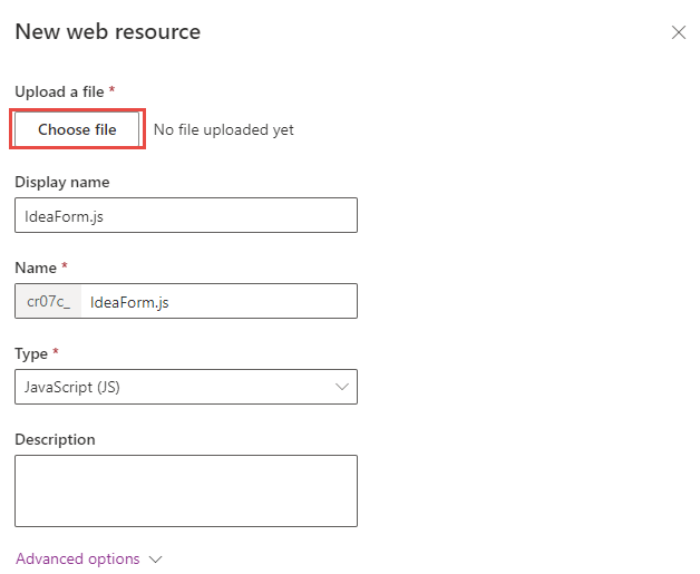 Screenshot of the choose web resource file button.