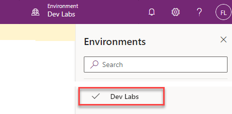 Screenshot of the environment name dev labs.