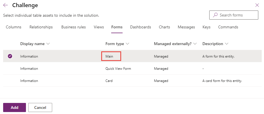 Screenshot of the forms tab with the information form selected as main.