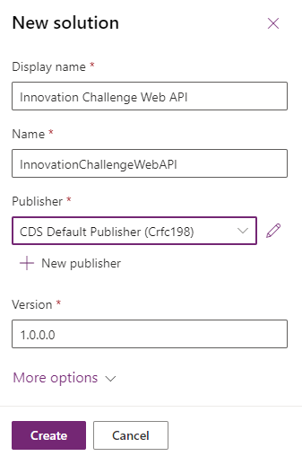 Screenshot of the new solution window with properties.