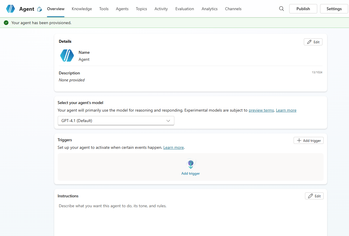 Screenshot of a newly created blank agent in Copilot Studio.