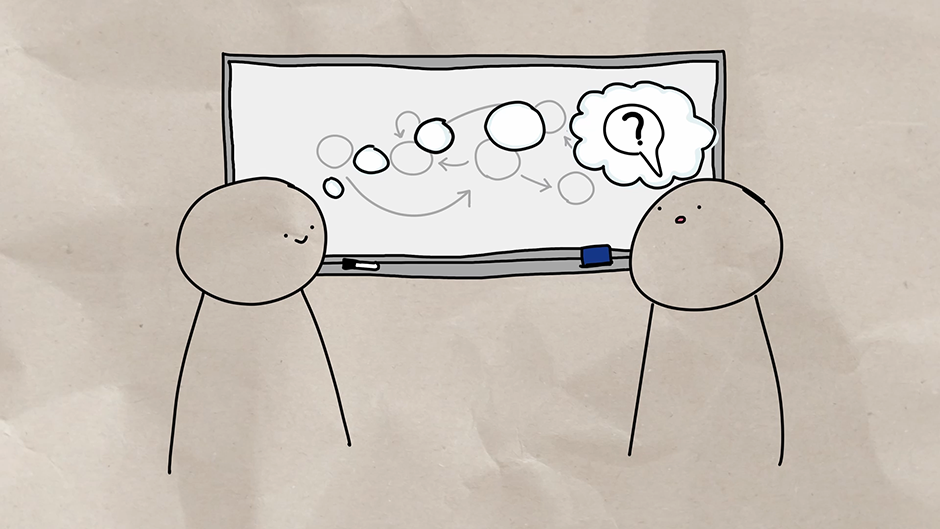 Line drawing of a person asking another person to clarify their original statements.