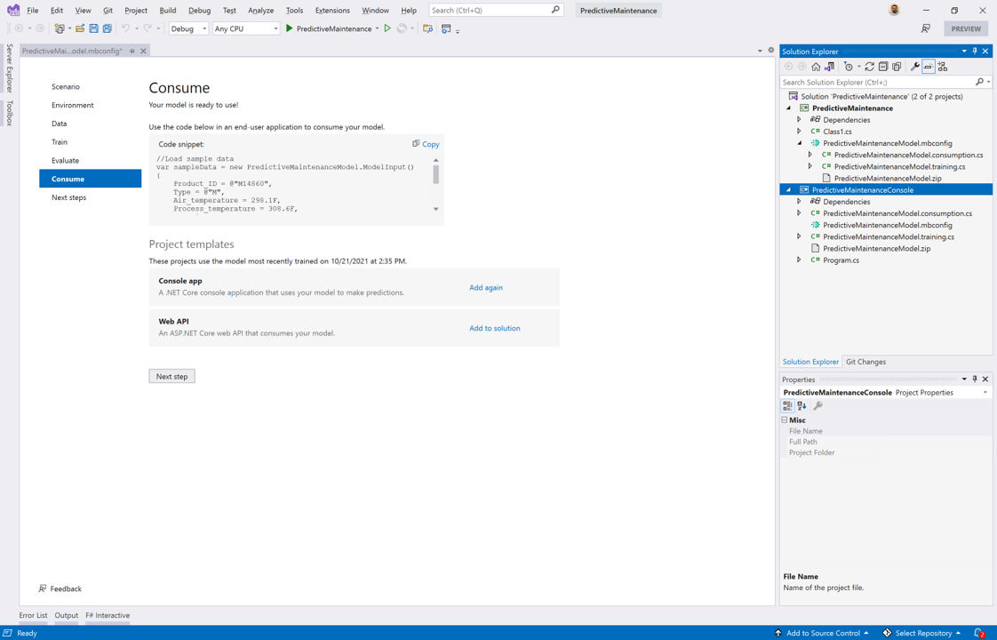 Screenshot that shows selections for consuming a machine learning model in a dot NET console application.