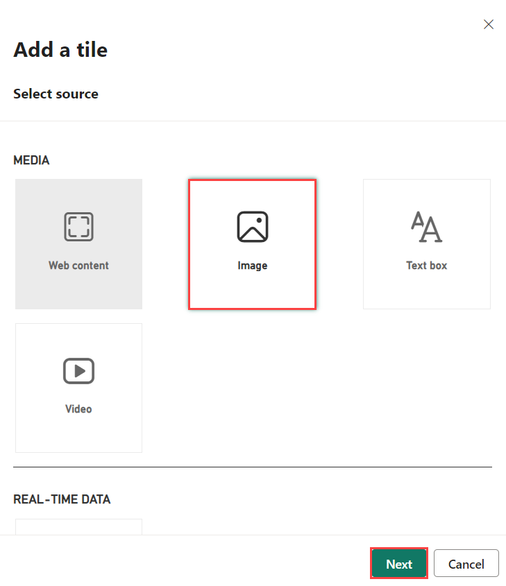 선택한 이미지 옵션과 타일 추가 창 내의 다음 버튼 위치의 스크린샷.