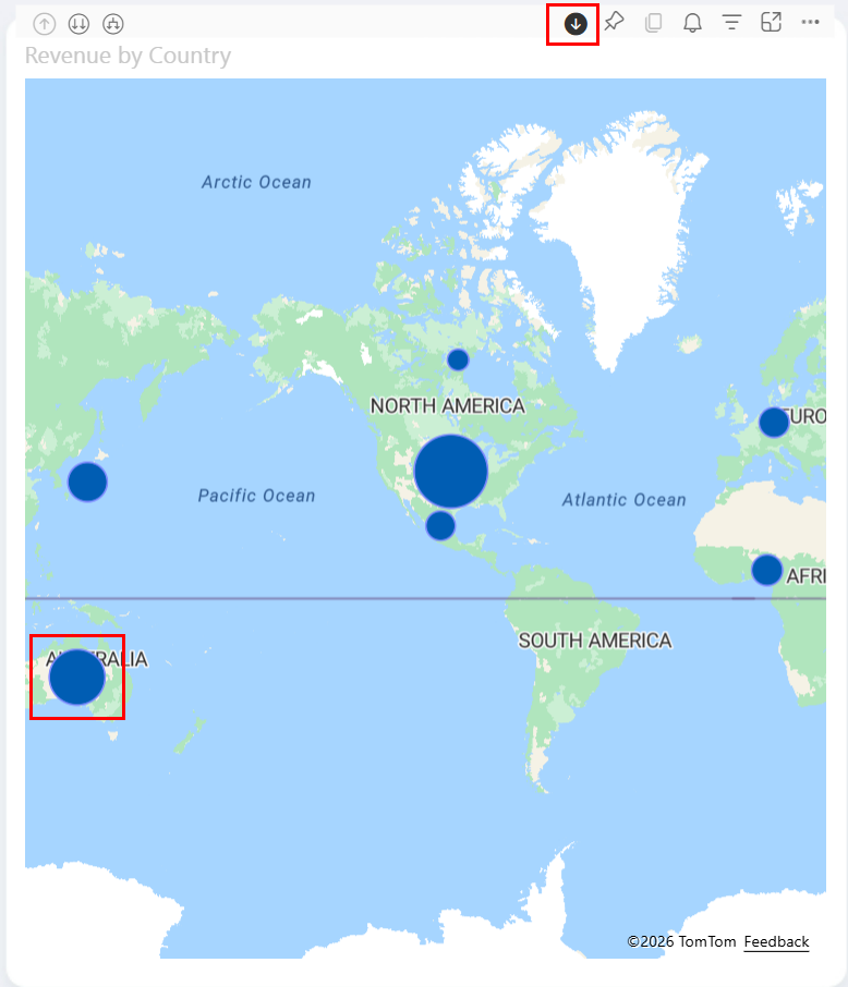맵 시각적 개체 내에서 선택한 드릴다운 버튼과 맵에서의 오스트레일리아 버튼 위치의 스크린샷.