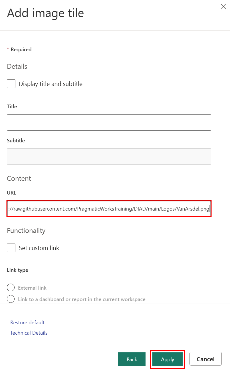 이미지 URL이 강조 표시되고 적용 버튼이 강조 표시된 이미지 타일 추가 대화상자 화면의 스크린샷.