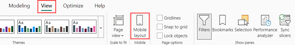 보기 탭 아래의 모바일 레이아웃 보기 버튼 스크린샷.
