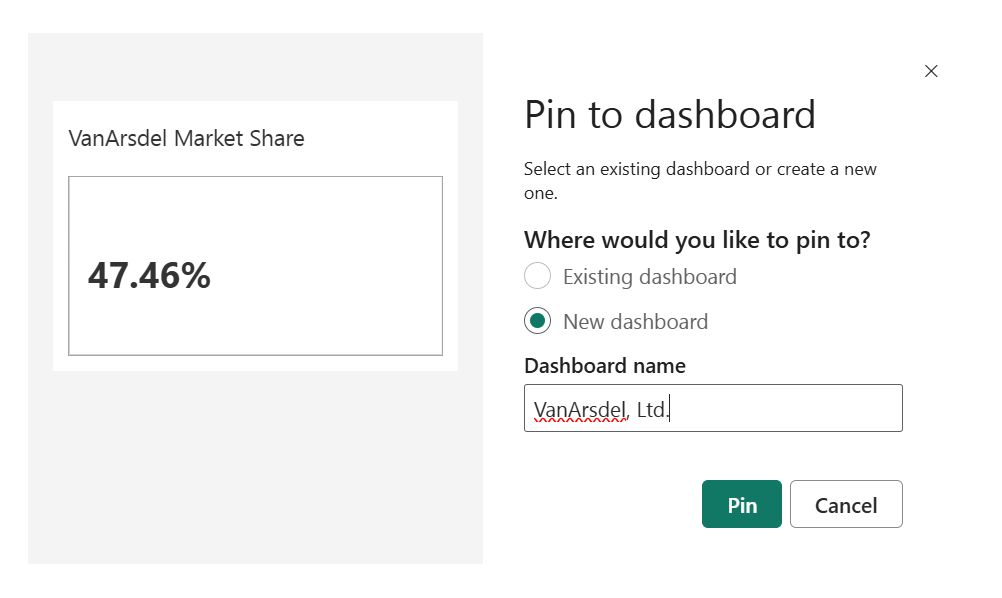 스크린샷에는 새 대시보드, 대시보드 이름 및 고정이 강조 표시된 대시보드에 고정 대화 상자가 표시됩니다.