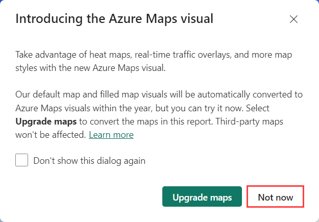 스크린샷은 맵 시각적 개체를 Azure 맵으로 업그레이드하는 대화상자 창을 표시하며, 나중에는 안 됨 옵션이 강조 표시되어 있습니다.