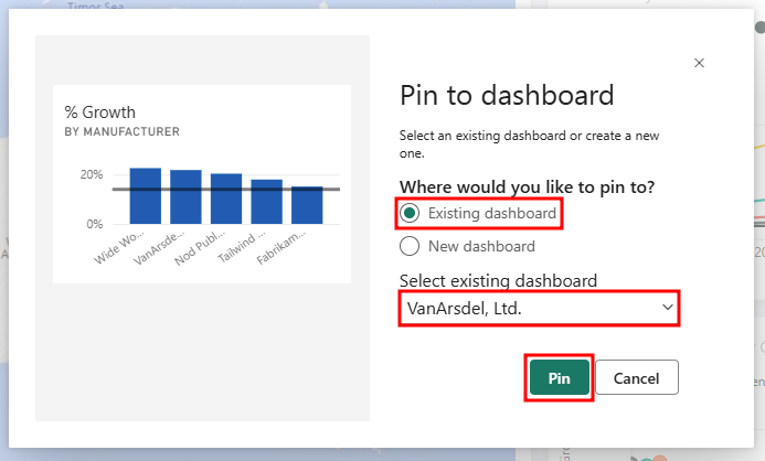 VanArsdel 기존 대시보드가 선택되고 고정 버튼이 강조 표시된 제조업체별 % 성장 차트를 고정하는 대화 상자 화면의 스크린샷.