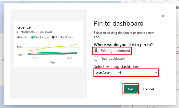 VanArsdel 기존 대시보드가 선택되고 고정 버튼이 강조 표시된 Revenue, Manufacturer 차트를 고정하는 대화상자 화면의 스크린샷.