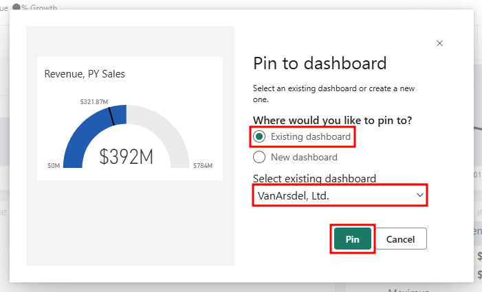 기존 대시보드에 고정되는 계기 시각적 개체의 스크린샷.