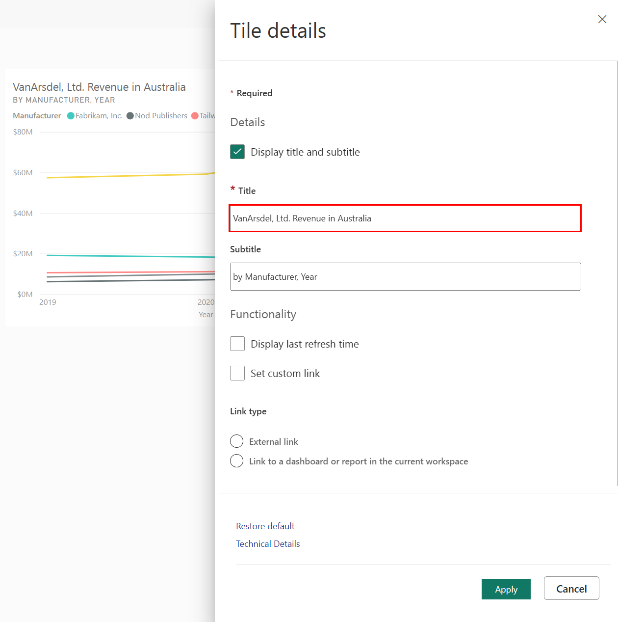 타일 세부 정보 창 대화 상자의 필드 내에 입력된 제목 및 적용 단추 위치의 스크린샷입니다.
