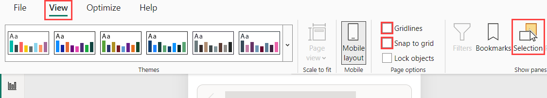 보기 탭 아래에 있는 선택되지 않은 눈금선, 눈금에 맞춤 및 선택 도구의 스크린샷.