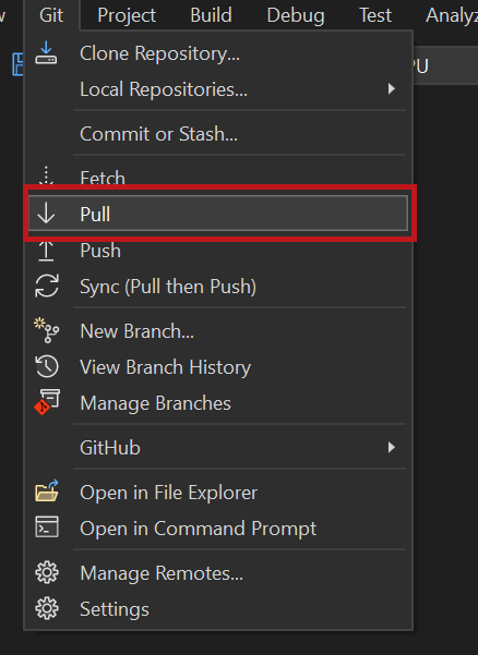 GitHub에서 변경 내용을 가져올 위치를 보여 주는 스크린샷.